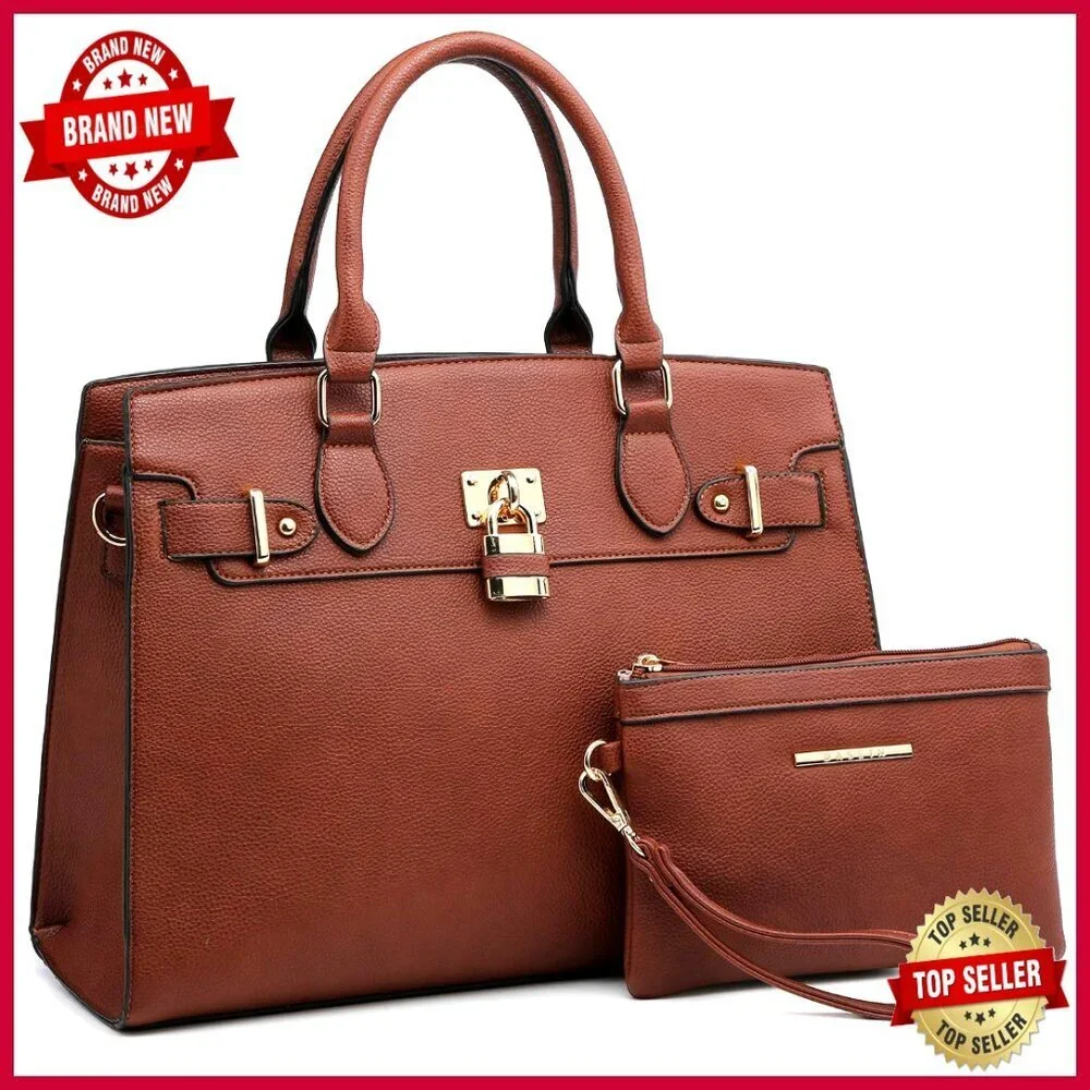 Vegan Leather Satchel Tote with Matching Clutch, Adjustable Strap